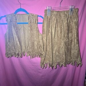 Brown Suede-Look Fringe Vest and Skirt Set